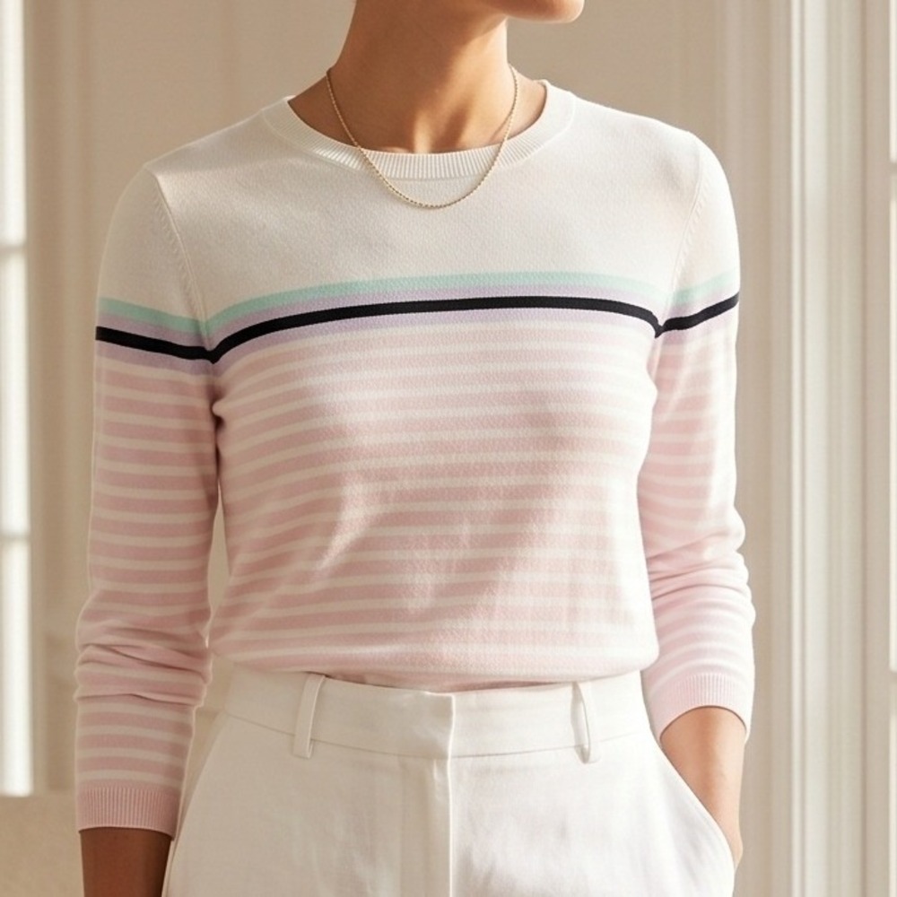 Tommy Hilfiger XL Sweater Womens Pink White Striped Cotton Crew Neck Pullover